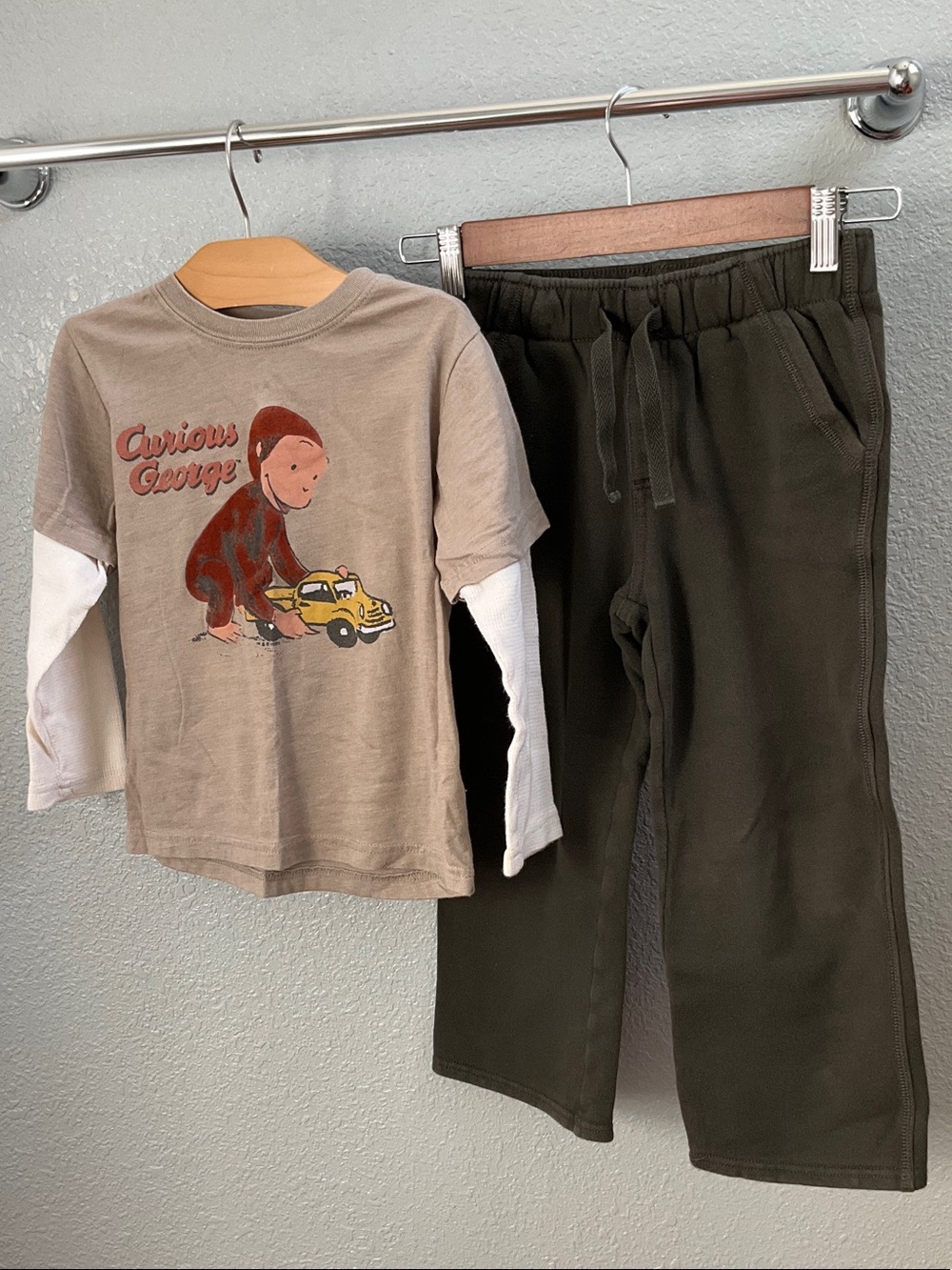 GAP Curious George Layered-Look Top &  Gymboree Olive Pants Set